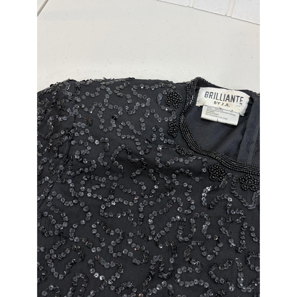 Brilliante by JA Vintage 80s Black Silk Beaded Sequin Cocktail Dress L - Picture 10 of 13